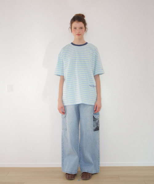 SOFT TWIN PONY STRIPE OVER FIT T SHIRT BLUE