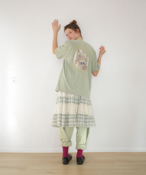SOFT TWIN PONY STRIPE OVER FIT T SHIRT GREEN