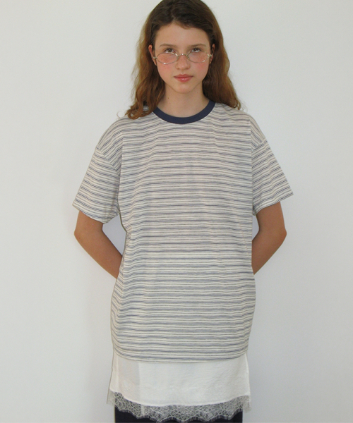 MULTI PATTERN HEART STRIPE SHORT SLEEVE BLUE