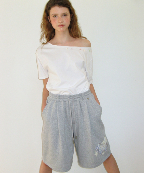 PONY BUTTON OFF SHOULDER T SHIRT WHITE