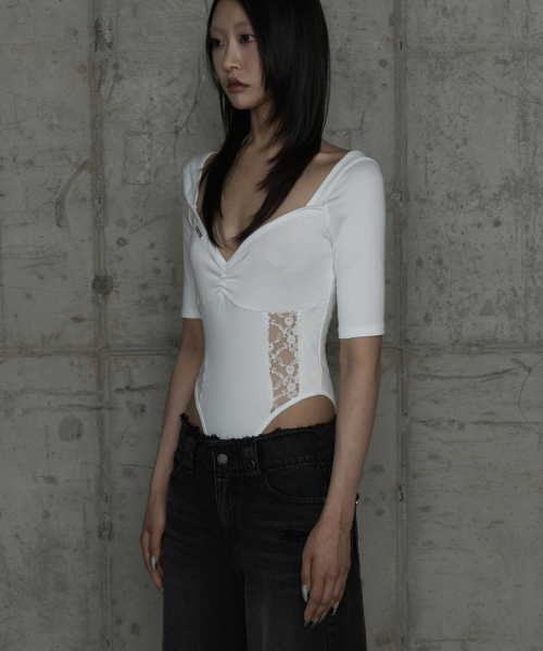 Bust Line Lace Bodysuit (White)