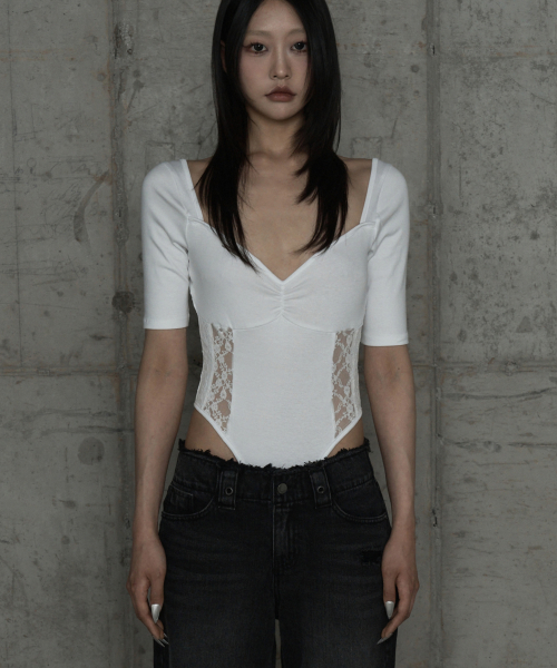 Bust Line Lace Bodysuit (White)