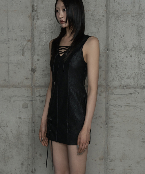 Corset Panel Leather One-Piece (Black)