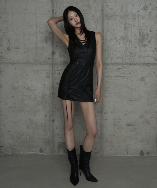 Corset Panel Leather One-Piece (Black)