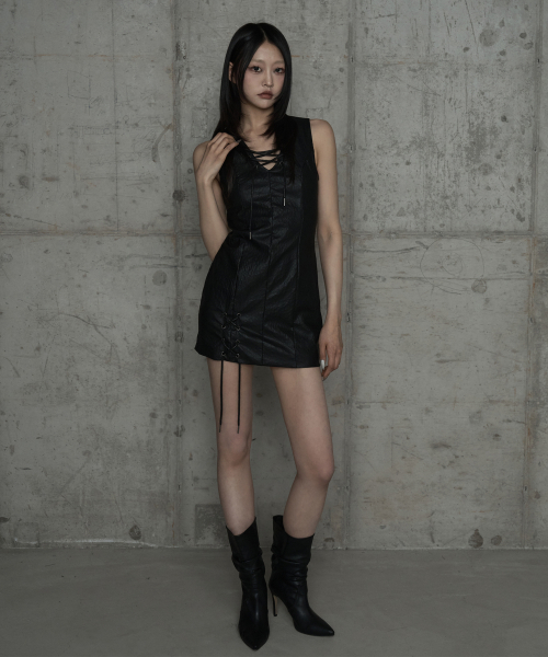 Corset Panel Leather One-Piece (Black)