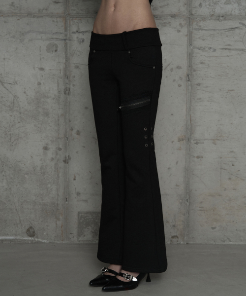 Lace Zipper Layer Bootcut Pants (Black)
