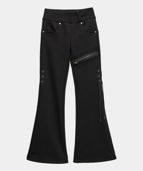 Lace Zipper Layer Bootcut Pants (Black)