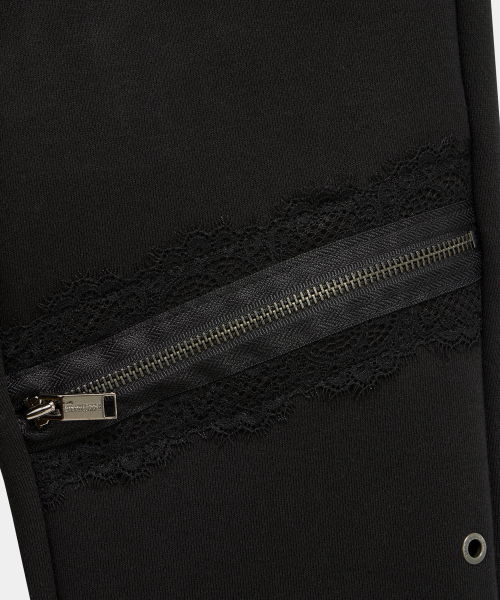 Lace Zipper Layer Bootcut Pants (Black)