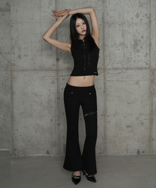 Lace Zipper Layer Bootcut Pants (Black)