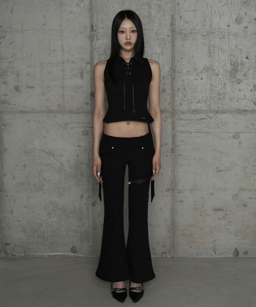 Lace Zipper Layer Bootcut Pants (Black)