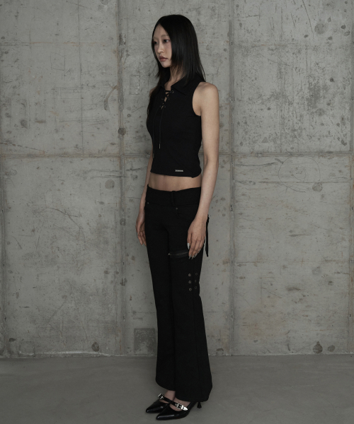 Lace Zipper Layer Bootcut Pants (Black)