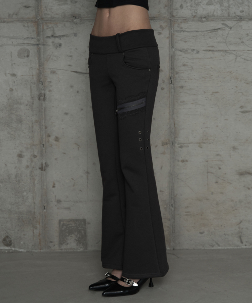 Lace Zipper Layer Bootcut Pants (Dark Gray)