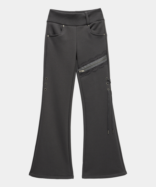 Lace Zipper Layer Bootcut Pants (Dark Gray)