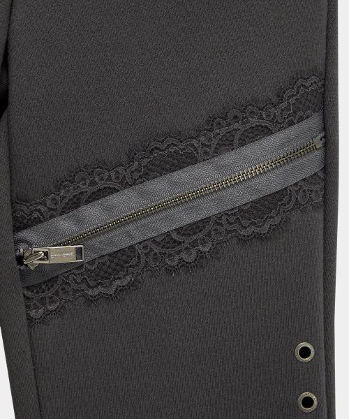 Lace Zipper Layer Bootcut Pants (Dark Gray)