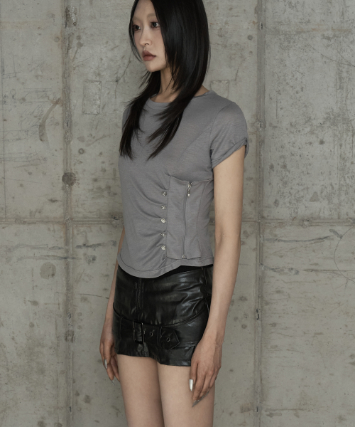 Drape Pintuck Zipper Roll-Up Short Top (Gray)