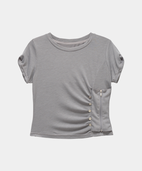 Drape Pintuck Zipper Roll-Up Short Top (Gray)