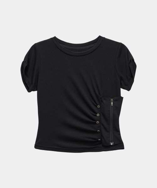 Drape Pintuck Zipper Roll-Up Short Top (Black)