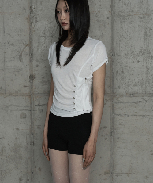 Drape Pintuck Zipper Roll-Up Short Top (Ivory)