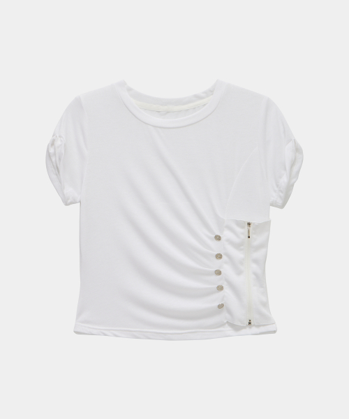 Drape Pintuck Zipper Roll-Up Short Top (Ivory)