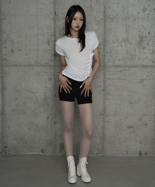 Drape Pintuck Zipper Roll-Up Short Top (Ivory)