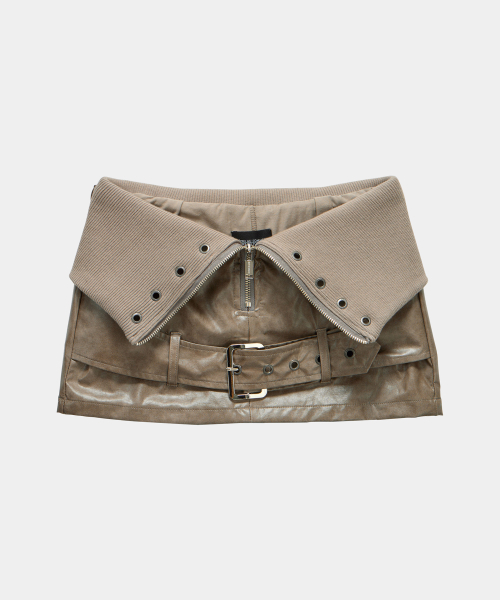 Front Zipper Belt Leather Skirt Pants (Moca)
