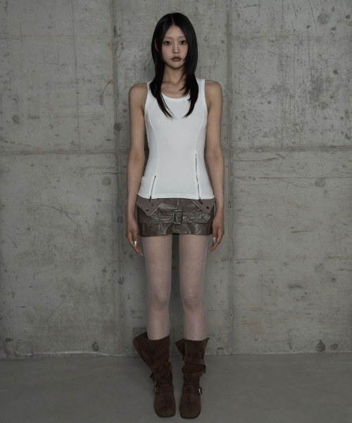 Front Zipper Belt Leather Skirt Pants (Moca)