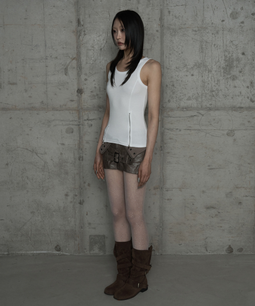 Front Zipper Belt Leather Skirt Pants (Moca)