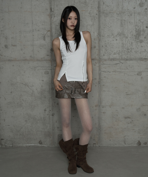 Front Zipper Belt Leather Skirt Pants (Moca)