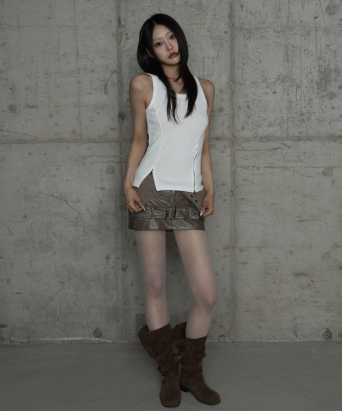 Front Zipper Belt Leather Skirt Pants (Moca)