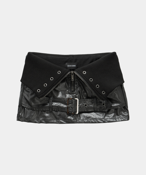 Front Zipper Belt Leather Skirt Pants (Black)