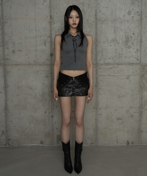 Front Zipper Belt Leather Skirt Pants (Black)