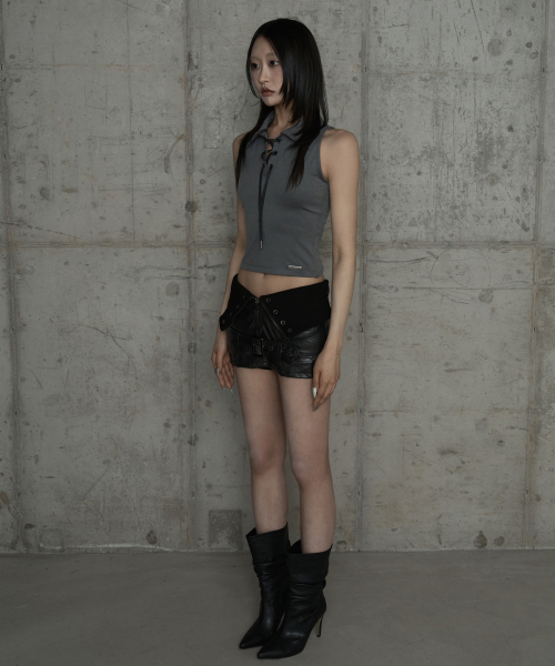 Front Zipper Belt Leather Skirt Pants (Black)