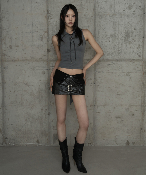 Front Zipper Belt Leather Skirt Pants (Black)