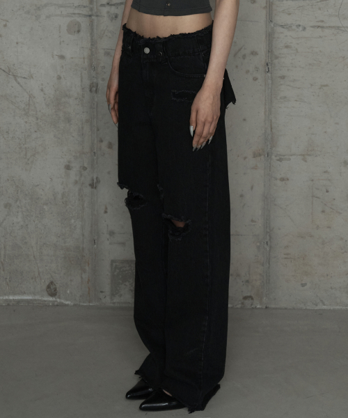 Wide Front Damage Denim Pants (Black)