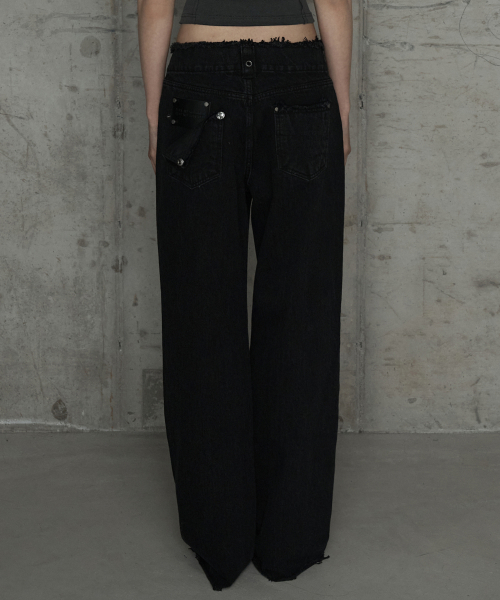 Wide Front Damage Denim Pants (Black)