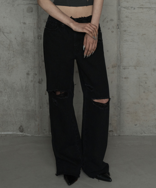 Wide Front Damage Denim Pants (Black)