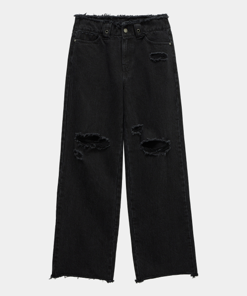 Wide Front Damage Denim Pants (Black)