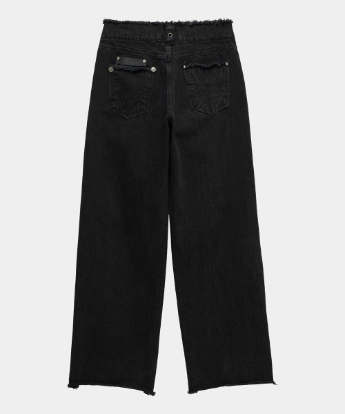 Wide Front Damage Denim Pants (Black)