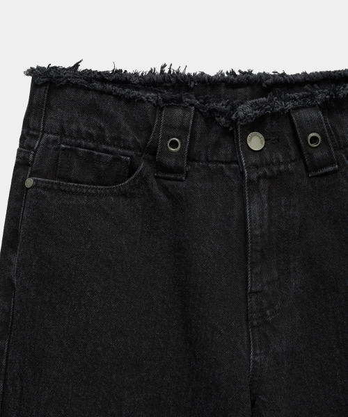Wide Front Damage Denim Pants (Black)