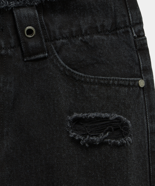 Wide Front Damage Denim Pants (Black)
