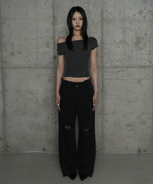 Wide Front Damage Denim Pants (Black)