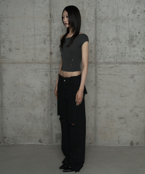 Wide Front Damage Denim Pants (Black)