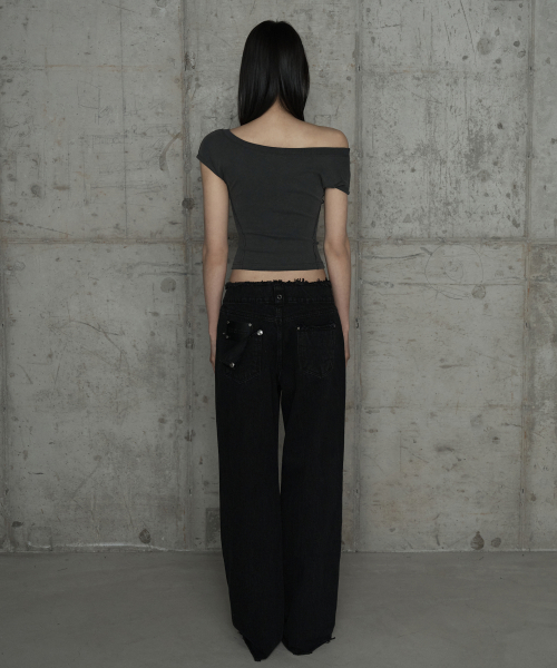 Wide Front Damage Denim Pants (Black)