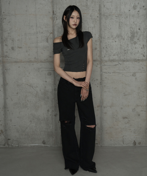 Wide Front Damage Denim Pants (Black)