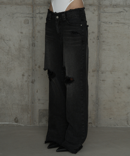 Wide Front Damage Denim Pants (Dark Gray)