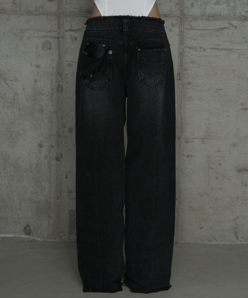 Wide Front Damage Denim Pants (Dark Gray)