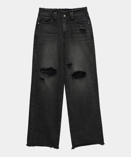 Wide Front Damage Denim Pants (Dark Gray)