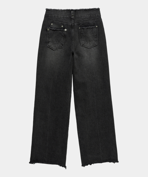 Wide Front Damage Denim Pants (Dark Gray)