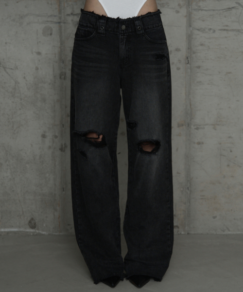 Wide Front Damage Denim Pants (Dark Gray)