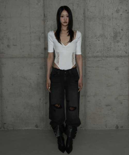 Wide Front Damage Denim Pants (Dark Gray)
